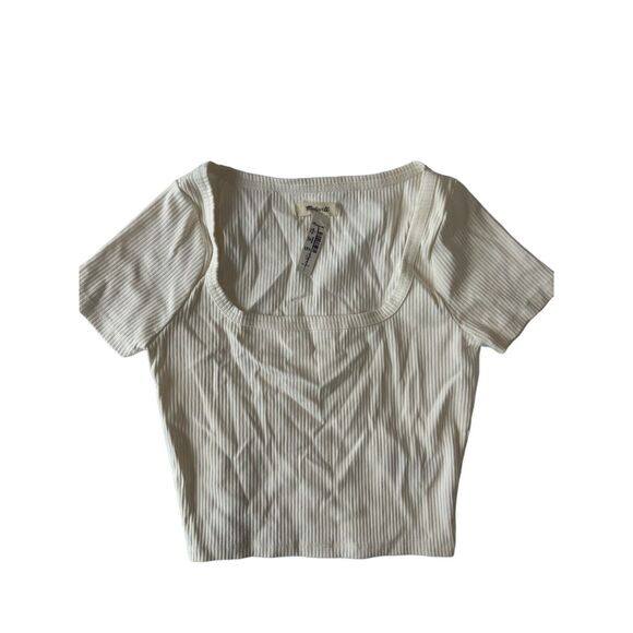Madewell White Square Neck Casual Stretch Crop Tee Ribbed NWT Small - Picture 2 of 7